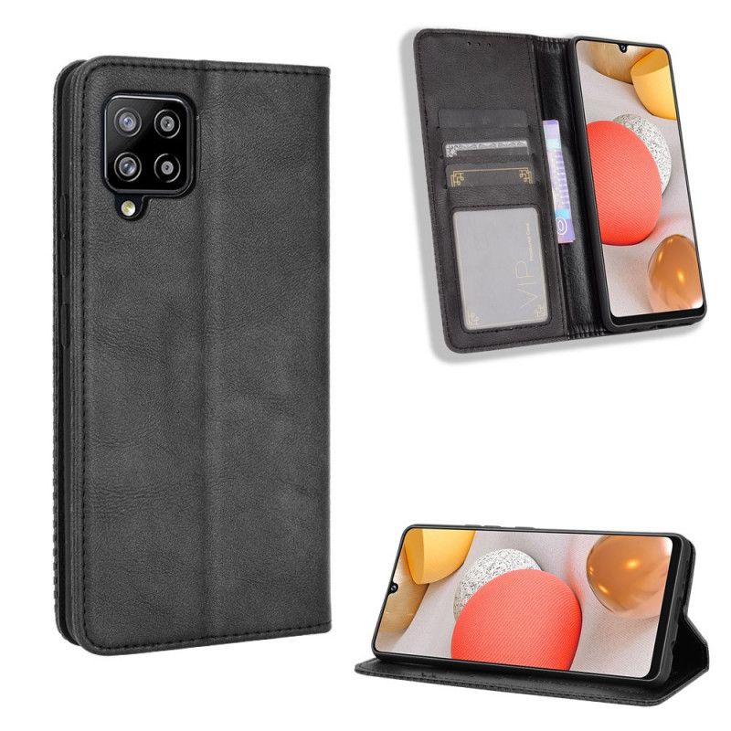 Flip Case Für Samsung Galaxy A42 5G Schwarz Stilisierter Vintage-Ledereffekt