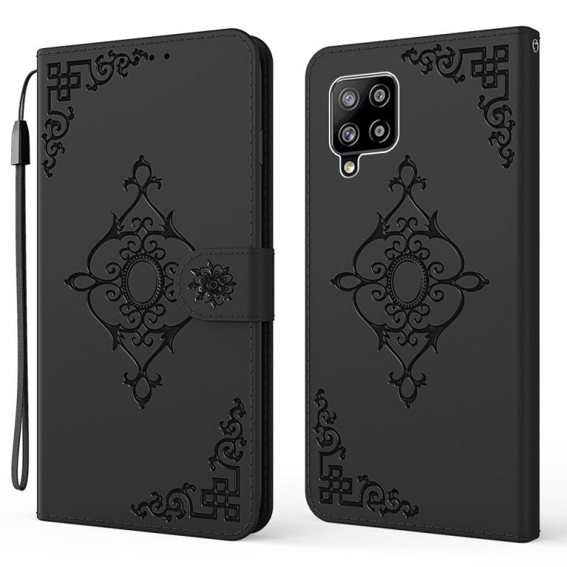 Lederhüllen Samsung Galaxy A42 5G Schwarz Handyhülle Barockblume Mit Riemen