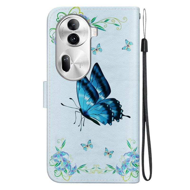 Lederhüllen Oppo Reno 11 Pro 5g Handyhülle Blauer Schmetterling Und Blumen Mit Riemen