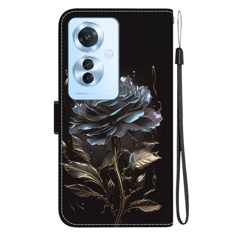 Lederhüllen Oppo Reno 11f 5g Handyhülle Schwarze Rose Mit Riemen