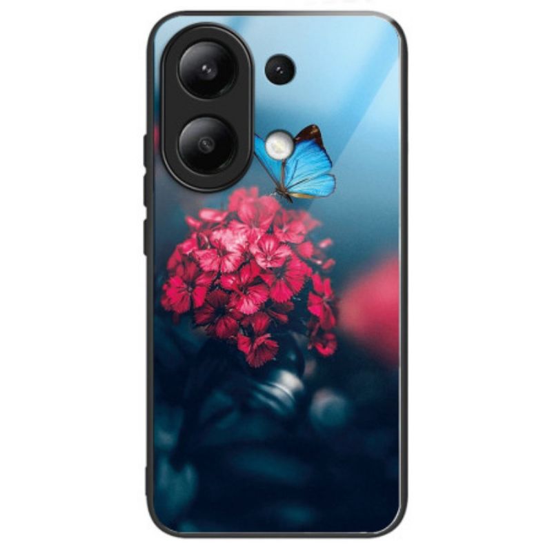 Hülle Xiaomi Redmi Note 13 4g Handyhülle Rote Blumen Und Schmetterlinge Aus Gehärtetem Glas