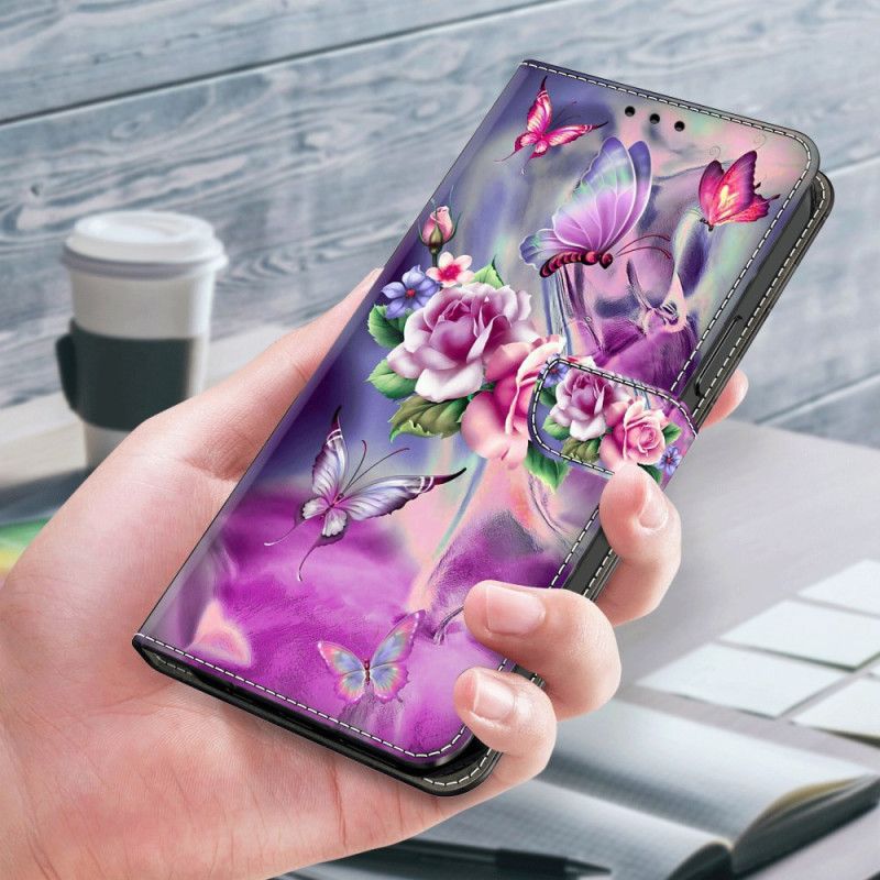 Lederhüllen Xiaomi Redmi Note 13 4g Handyhülle Schmetterlinge Und Violette Blumen