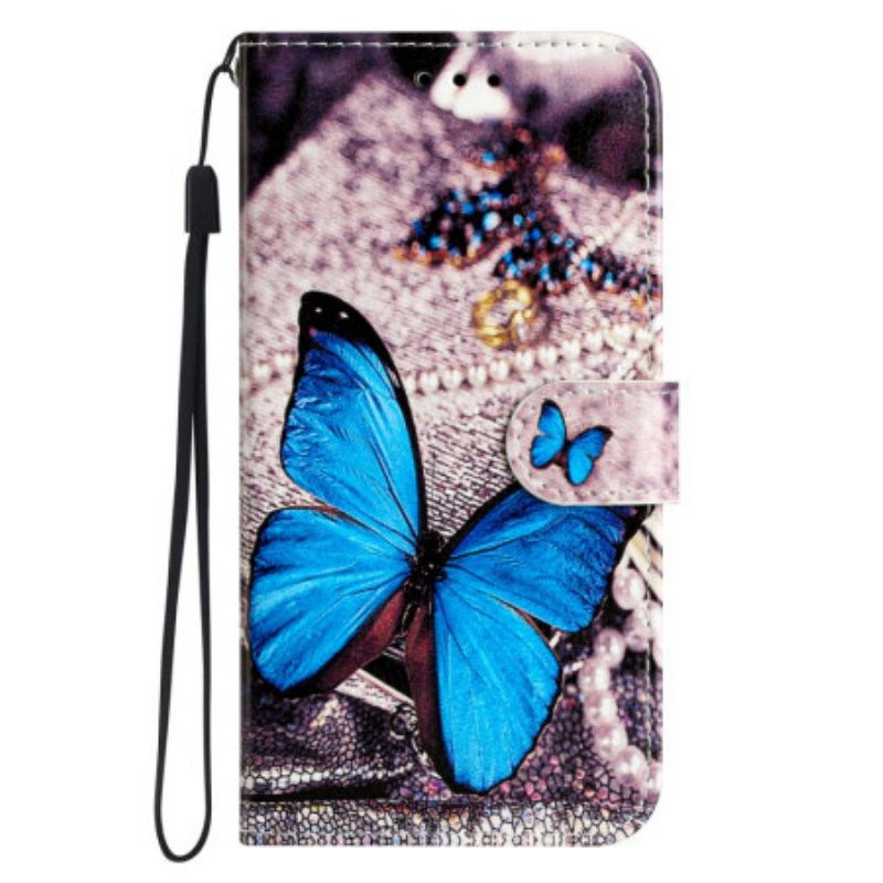 Lederhüllen Motorola Edge 50 Handyhülle Blauer Schmetterling Mit Riemen