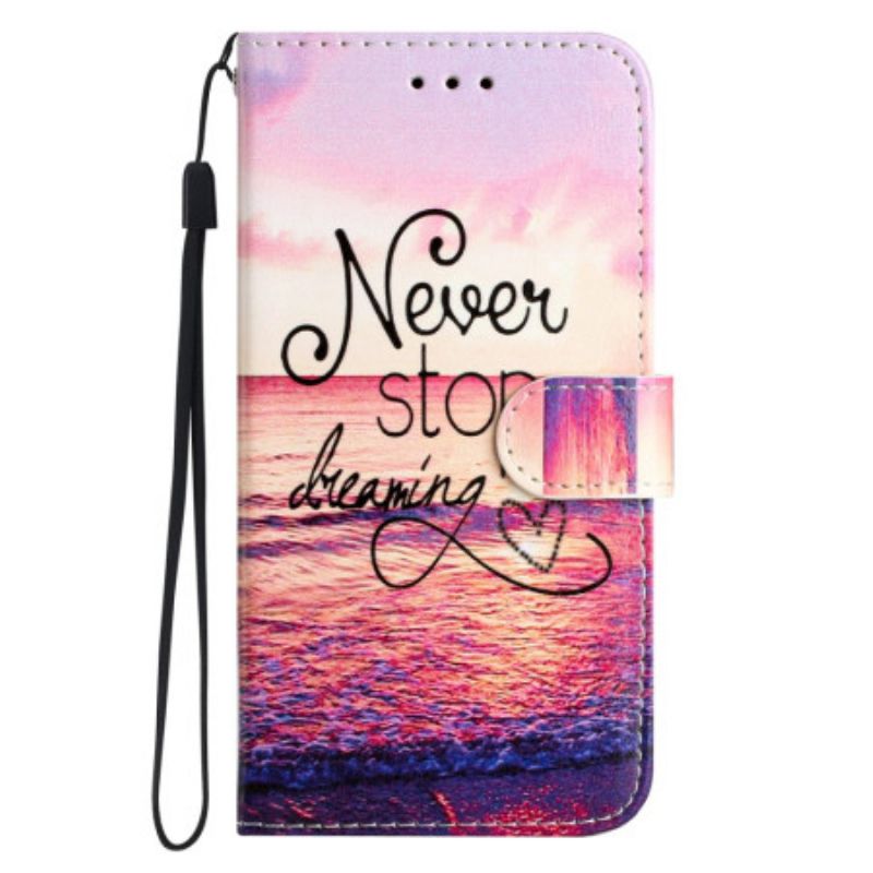 Lederhüllen Motorola Edge 50 Handyhülle Never Stop Dreaming With Strap