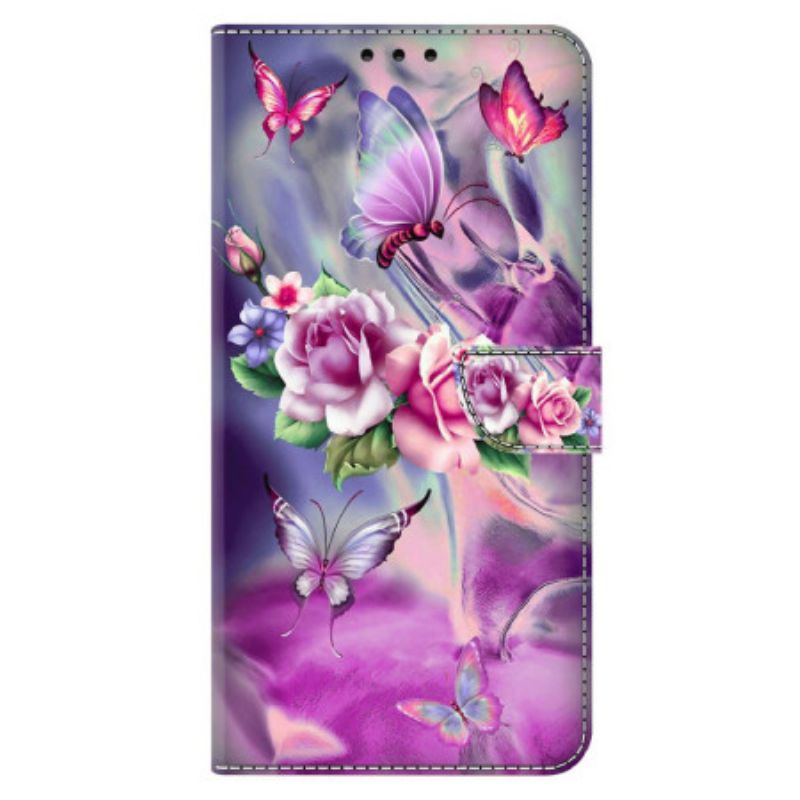 Lederhüllen Xiaomi 14 Handyhülle Lila Schmetterlinge Und Blumen