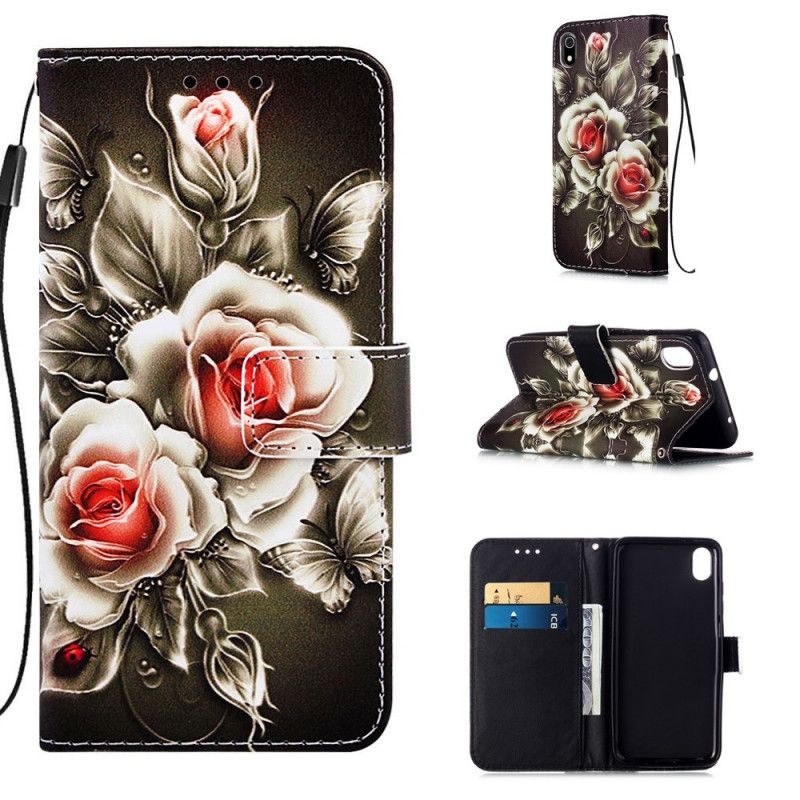 Lederhüllen Xiaomi Redmi 7A Schwarze Rose Mit Riemen