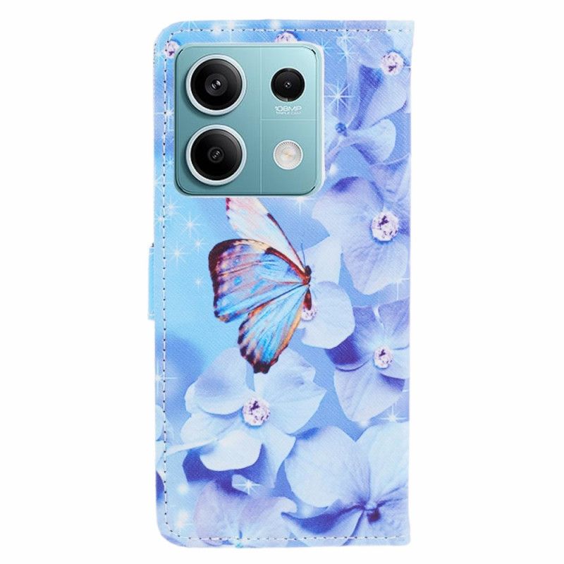 Lederhüllen Für Xiaomi Redmi Note 13 Pro 5g Blaue Blumen Und Schmetterling Mit Riemen