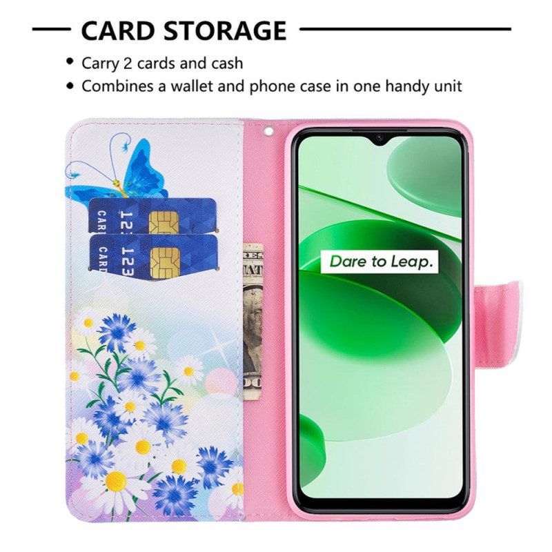 Flip Case Für Realme C35 Blumen Schmetterlinge