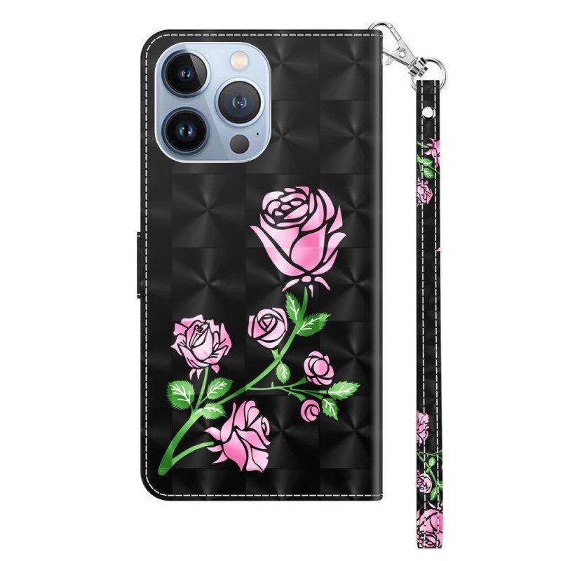 Flip Case Für iPhone 14 Pro Mit Kordel Riemenrosen