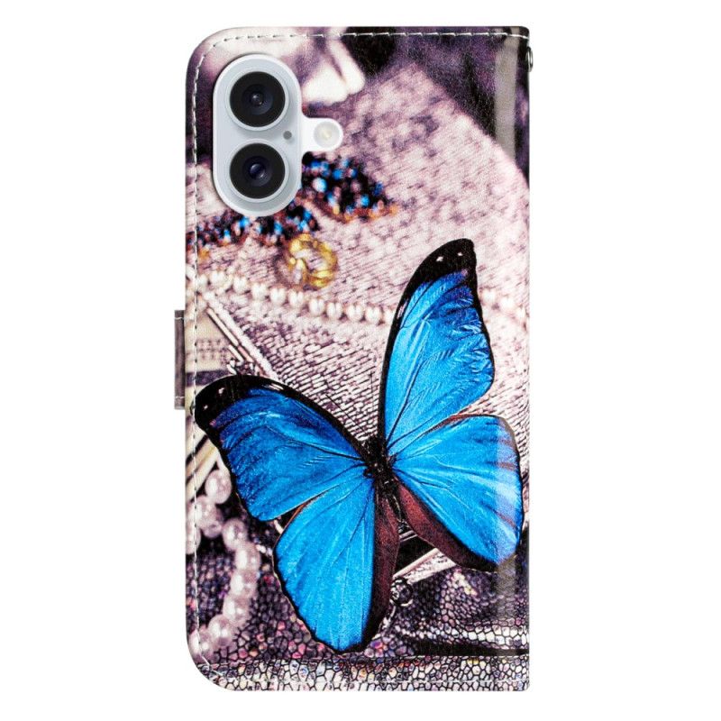 Lederhüllen iPhone 16 Plus Blauer Schmetterling Mit Riemen