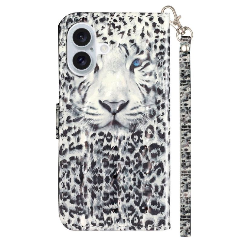 Lederhüllen iPhone 16 Plus Handyhülle Leopardenkopf Mit Riemen