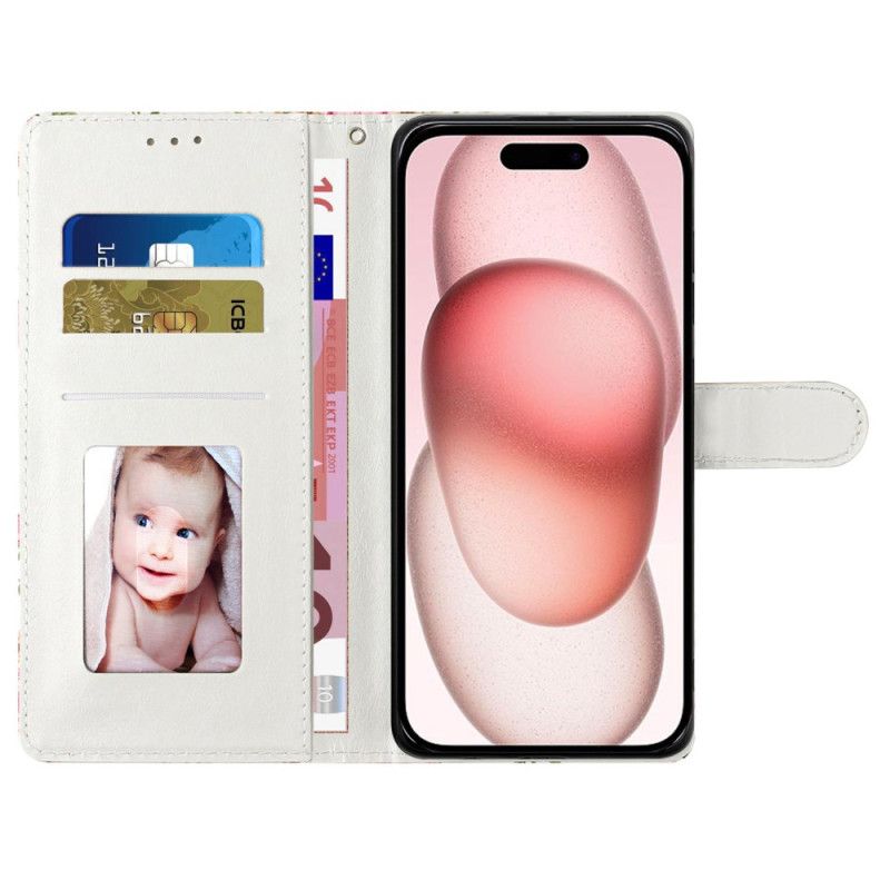 Lederhüllen iPhone 16 Plus Handyhülle Rosa Blumen Mit Riemen