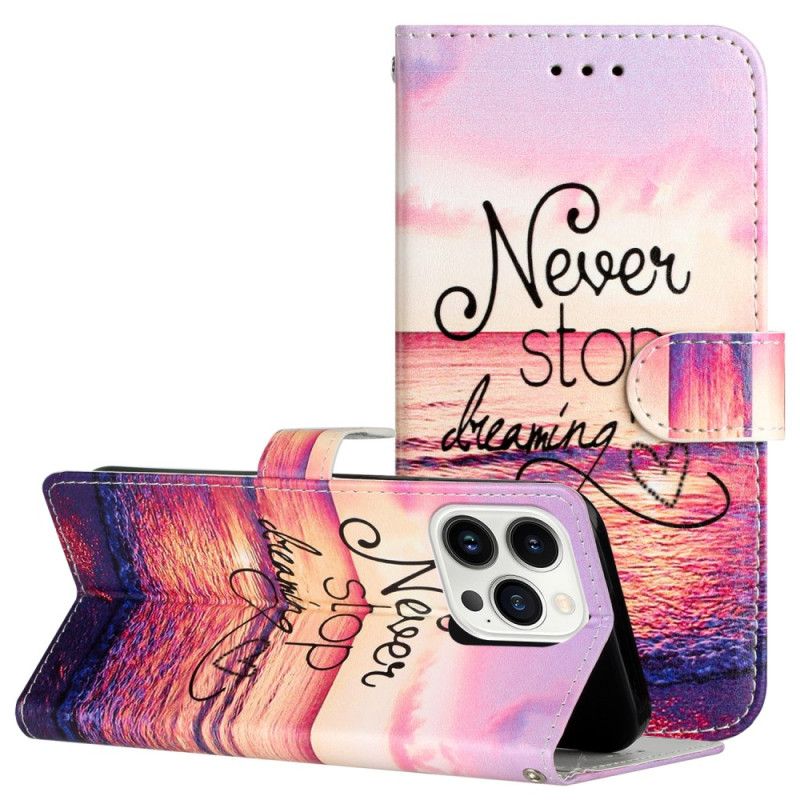 Lederhüllen iPhone 16 Pro Handyhülle Never Stop Dreaming Mit Strap