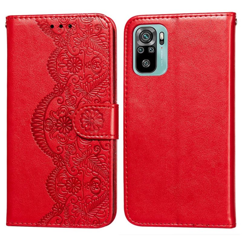 Lederhüllen Für Xiaomi Redmi Note 10 / Note 10S Rot Blumenstickerei