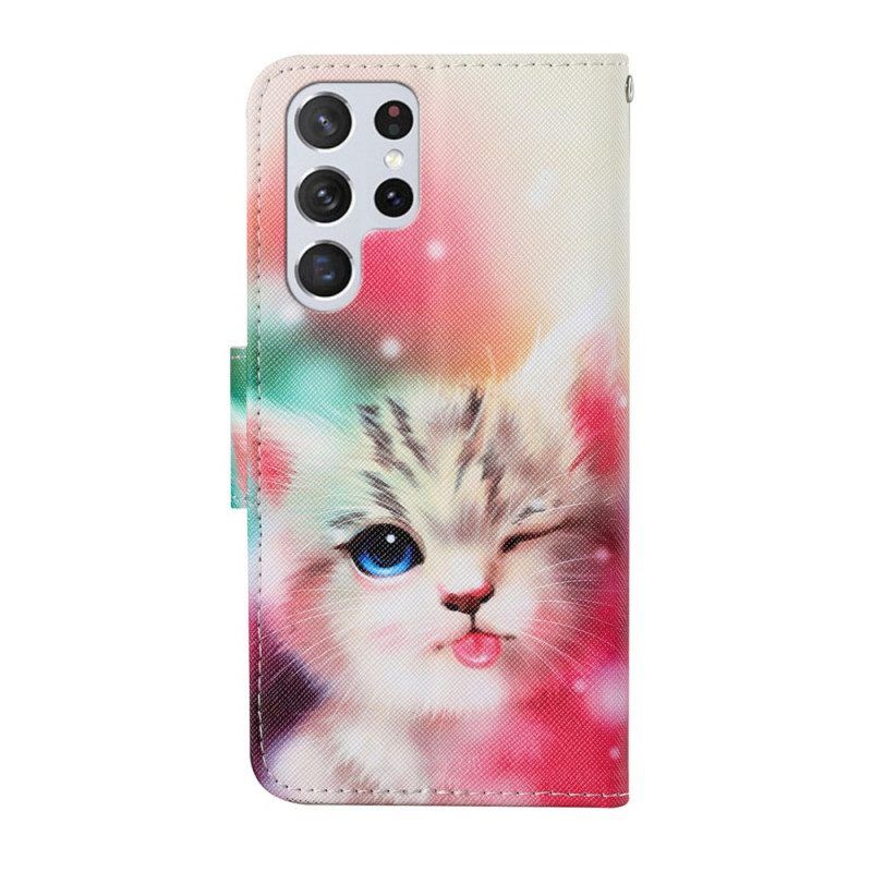 Flip Case Für Samsung Galaxy S22 Ultra 5G Königliche Katze Mit Schlüsselband