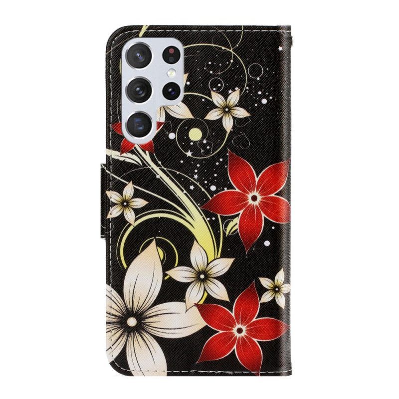 Flip Case Für Samsung Galaxy S22 Ultra 5G Mit Kordel Bunte Riemchenblumen