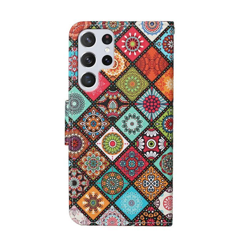 Flip Case Für Samsung Galaxy S22 Ultra 5G Patchwork-mandalas Mit Schlüsselband