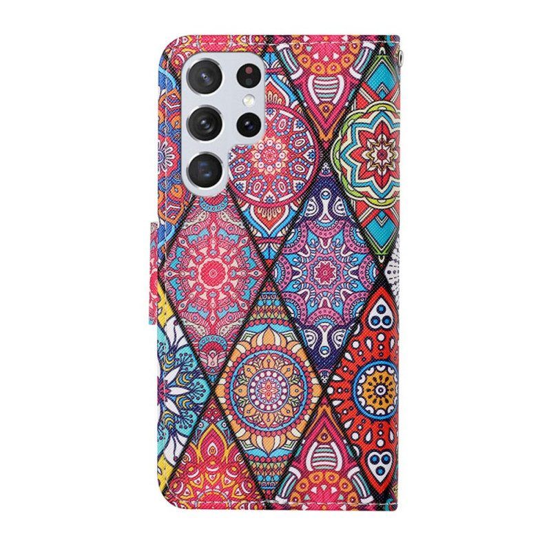 Flip Case Für Samsung Galaxy S22 Ultra 5G Patchwork Mit Schlüsselband