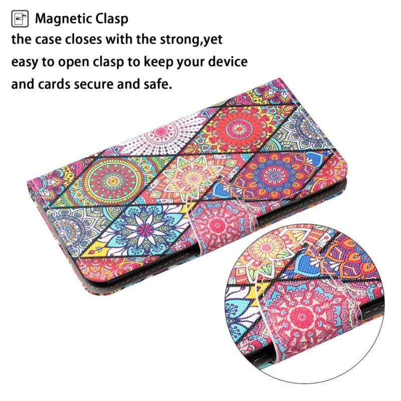 Flip Case Für Samsung Galaxy S22 Ultra 5G Patchwork Mit Schlüsselband