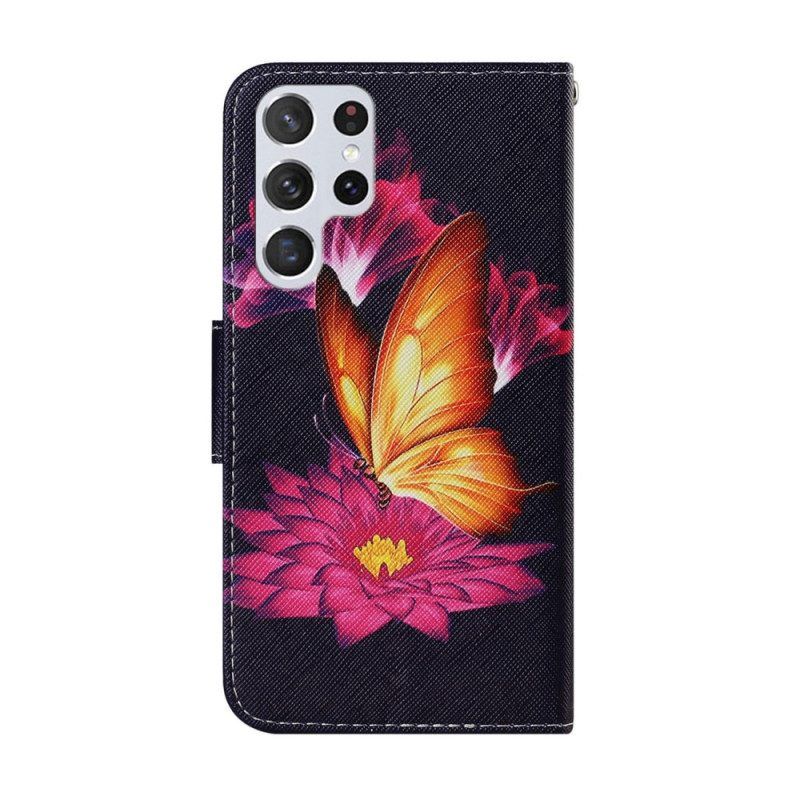 Flip Case Für Samsung Galaxy S22 Ultra 5G Schmetterling Und Lotus