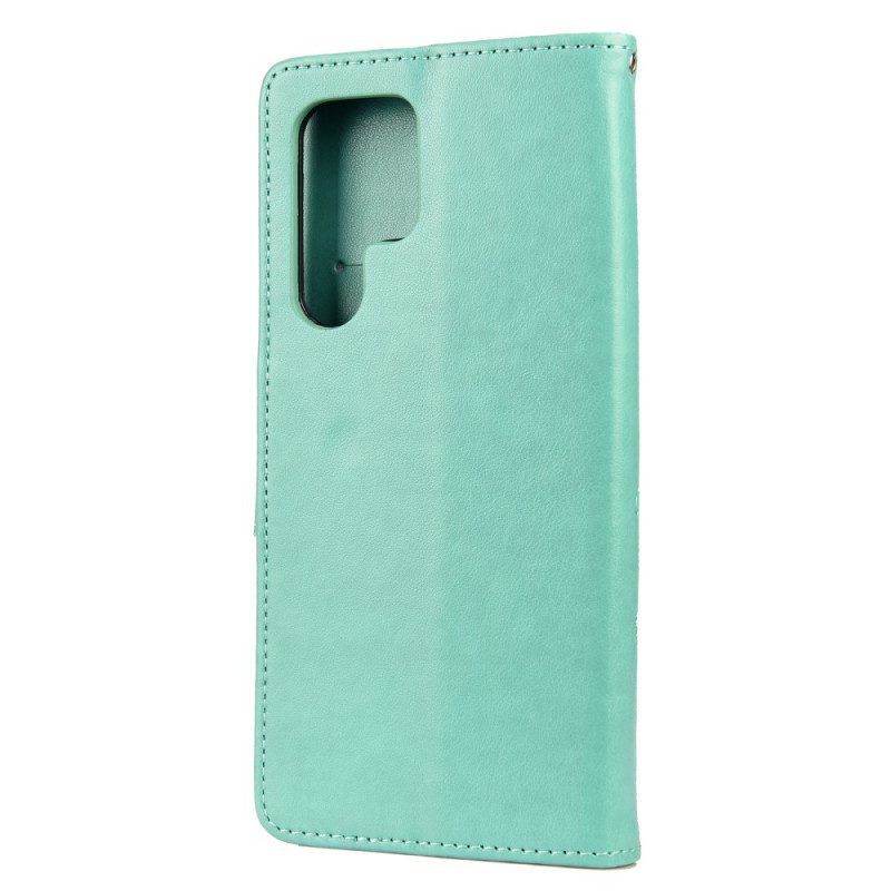 Flip Case Für Samsung Galaxy S22 Ultra 5G Schmetterlinge Und Blumen Mit Schlüsselband