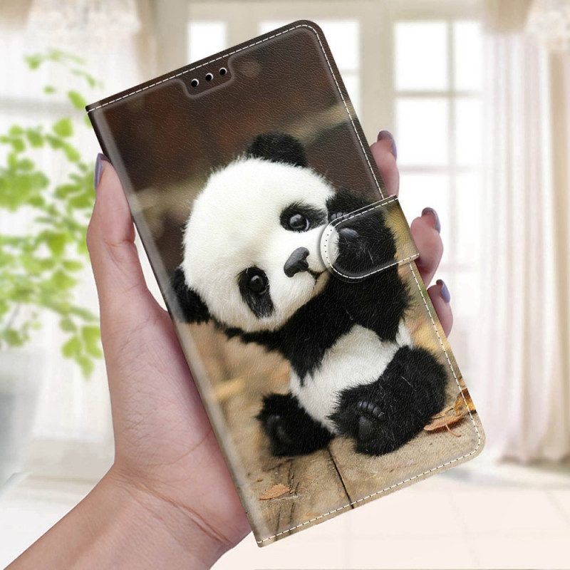 Lederhüllen Für Samsung Galaxy S22 Ultra 5G Mit Kordel Spielen Sie Little Panda Mit Riemen