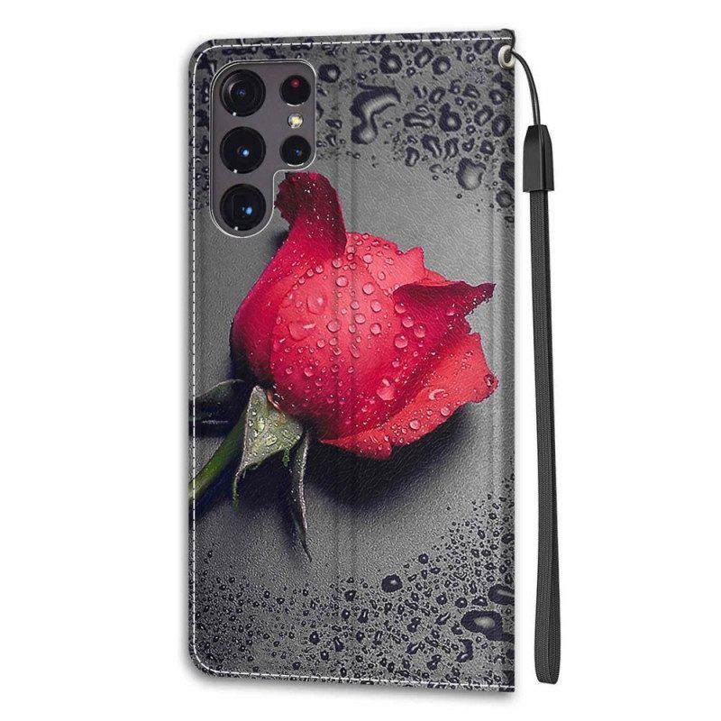 Lederhüllen Für Samsung Galaxy S22 Ultra 5G Rosen Mit Schlüsselband