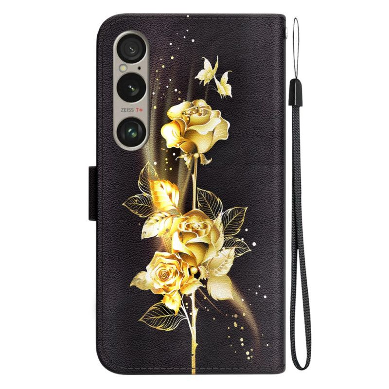 Lederhüllen Sony Xperia 1 Vi Handyhülle Goldene Schmetterlinge Und Rosen Mit Riemen