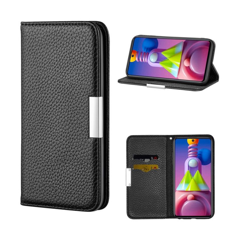 Flip Case Samsung Galaxy M51 Schwarz Handyhülle Ultra Schickes Litschi-Kunstleder