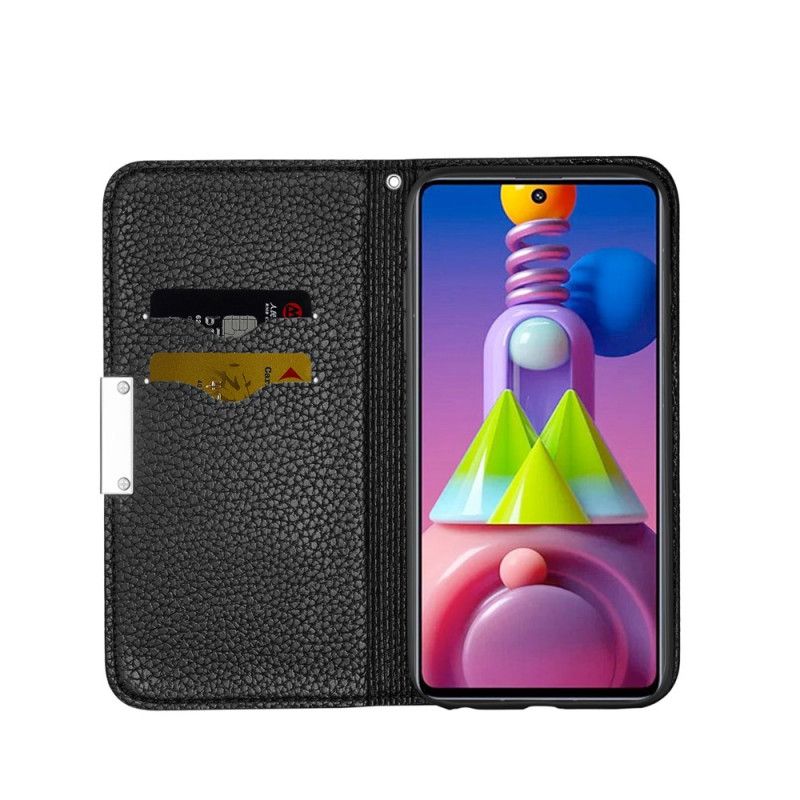 Flip Case Samsung Galaxy M51 Schwarz Handyhülle Ultra Schickes Litschi-Kunstleder