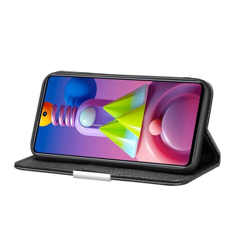 Flip Case Samsung Galaxy M51 Schwarz Handyhülle Ultra Schickes Litschi-Kunstleder