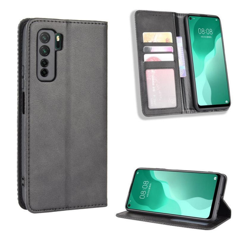 Flip Case Huawei P40 Lite 5G Schwarz Handyhülle Stilisierter Vintage-Ledereffekt