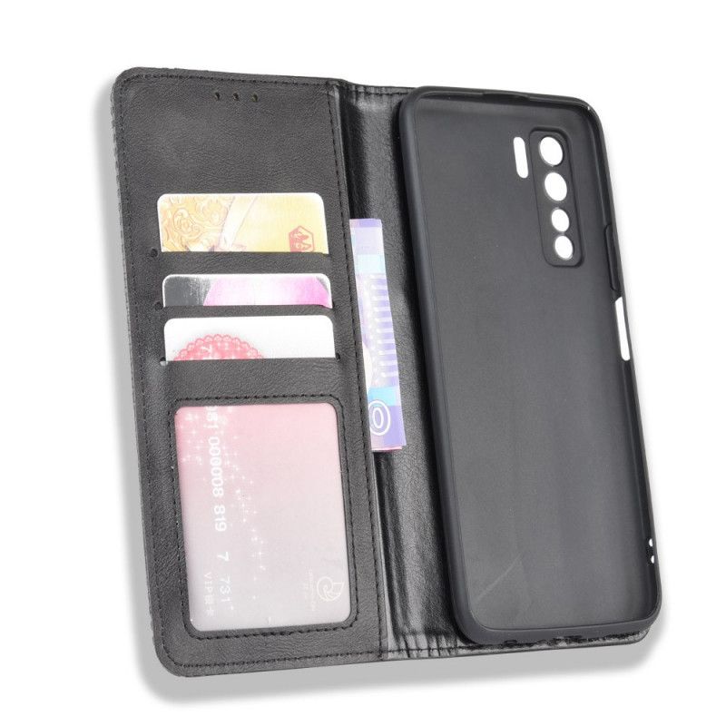 Flip Case Huawei P40 Lite 5G Schwarz Handyhülle Stilisierter Vintage-Ledereffekt