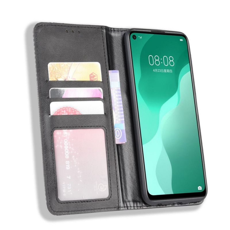 Flip Case Huawei P40 Lite 5G Schwarz Handyhülle Stilisierter Vintage-Ledereffekt