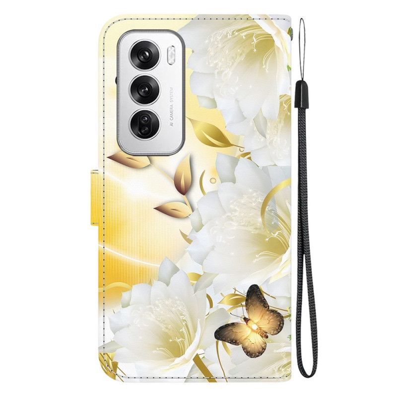 Lederhüllen Für Oppo Reno 12 5g Goldene Schmetterlinge Und Blumen Mit Riemen