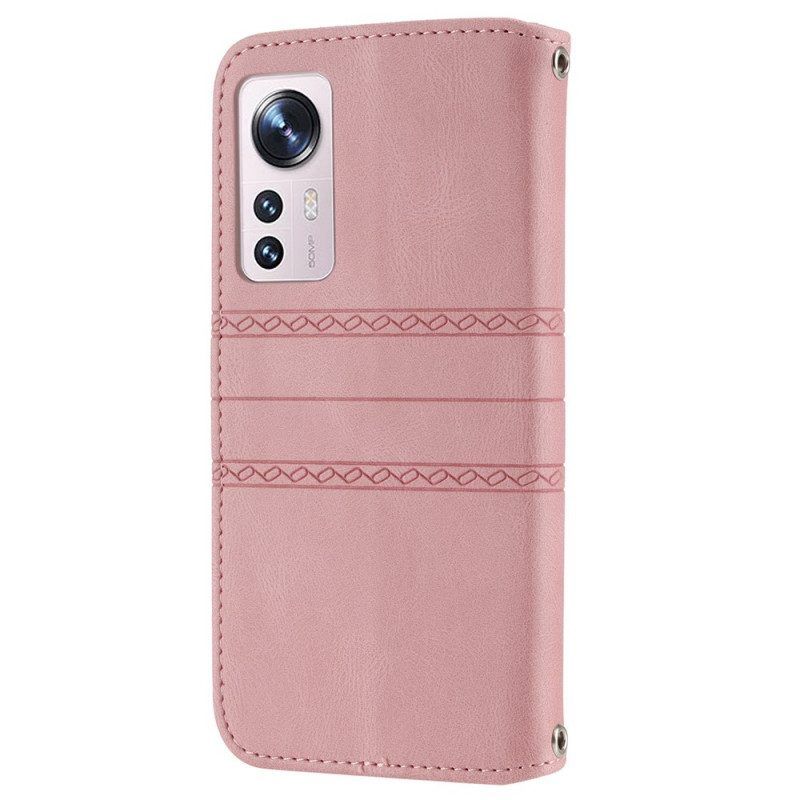 Flip Case Für Xiaomi 12 Pro Mit Kordel Riemchenmuster