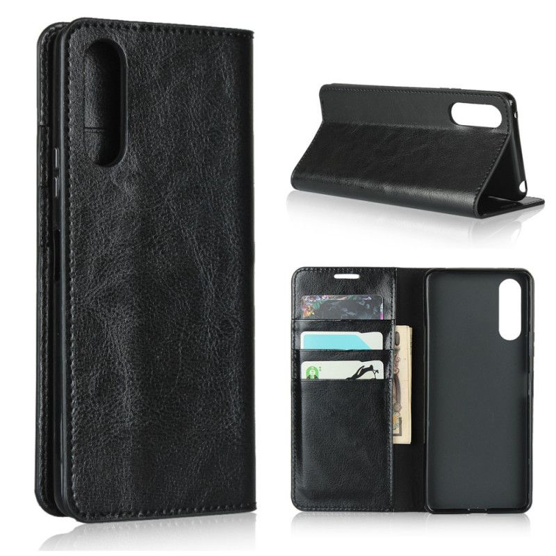 Flip Case Sony Xperia 10 II Schwarz Echtes Leder