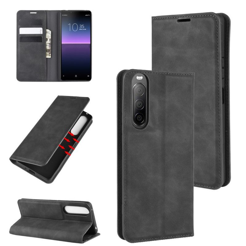 Flip Case Sony Xperia 10 II Schwarz Handyhülle Weichledereffekt