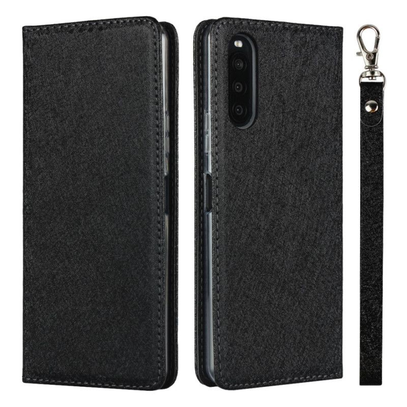 Flip Case Sony Xperia 10 II Schwarz Weicher Lederstil Mit Riemen