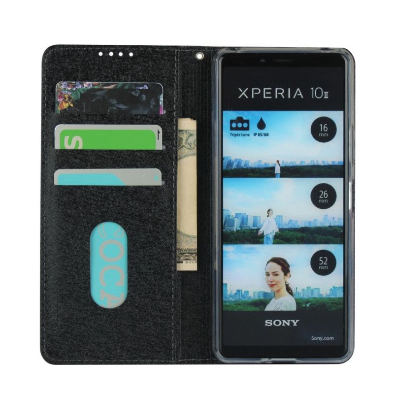 Flip Case Sony Xperia 10 II Schwarz Weicher Lederstil Mit Riemen