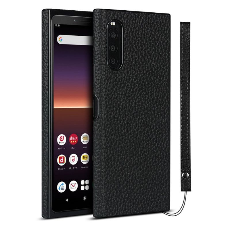 Hülle Sony Xperia 10 II Schwarz Echtes Litschileder Mit Riemen